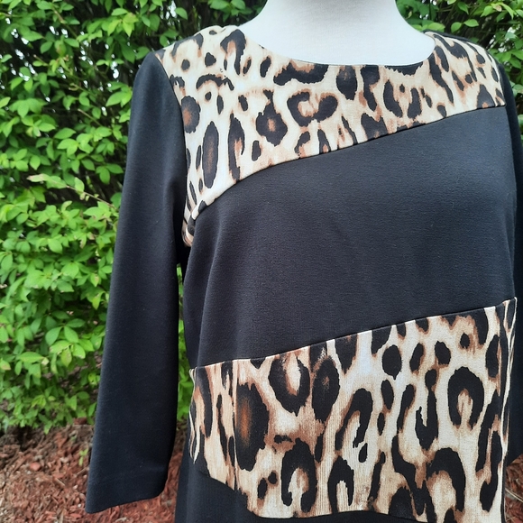 Chico's Asymmetric Leopard Colorblock Print Ponte Stretch Dress Slimming Petite - Picture 3 of 11
